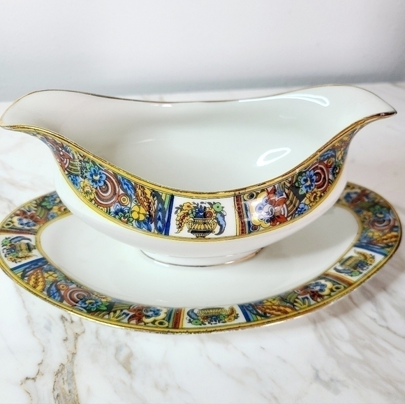 VTG Antique Limoges France Gravy Sauce Boat Red Blue Yellow Floral Pattern - Picture 3 of 9